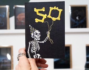50th Birthday Gothic Card: Skeleton Balloon, Skull Emo Card