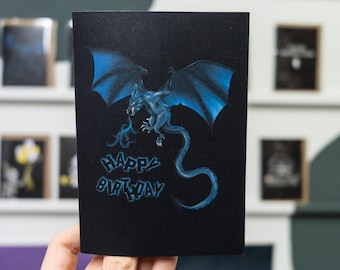 Blue Dragon Fire Happy Birthday Card: Gothic Fantasy A6 Card