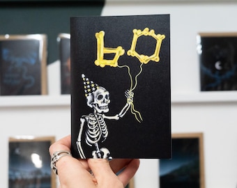 60th Birthday Gothic Card: Skeleton Balloon, Skull Emo Card
