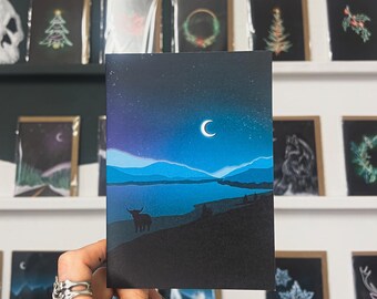 Highland Cow Christmas Card: Scottish Loch Moon Art