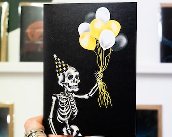 Balloon Skeleton Gothic Birthday Card: Emo Skull Art
