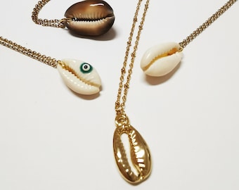 Cowrie Shell Necklace: Gold Plated Stainless Steel Chain, Natural Shell Jewelry