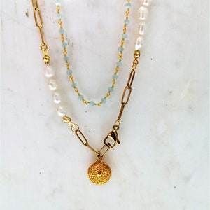 Pearl necklace for women, Freshwater Pearl and chain Necklace, Rosary beaded necklace, Layered Necklace Gifts for her