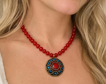 Beaded Necklace, Handmade Gemstone Necklace, Red Necklace women, Turquoise Necklace Boho