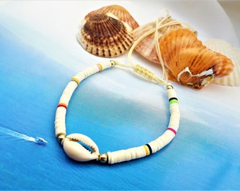 Cowrie Shell Anklet: Boho Vinyl Bead Sea Shell Jewelry