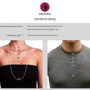 Puede incluir: Un gr&aacute;fico informativo titulado Little Buddha Necklace sizing. Proporciona instrucciones sobre c&oacute;mo medir el cuello e incluye dos diagramas visuales que muestran varias longitudes de cadenas de collar de 14 a 32 pulgadas.