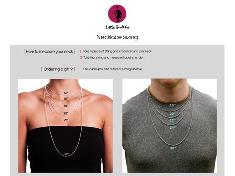 Puede incluir: Un gr&aacute;fico informativo titulado Little Buddha Necklace sizing. Proporciona instrucciones sobre c&oacute;mo medir el cuello e incluye dos diagramas visuales que muestran varias longitudes de cadenas de collar de 14 a 32 pulgadas.