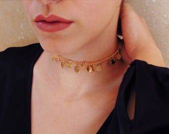 Dangle Star Choker Necklace, Dainty Heart Layered Necklace, One of a Kind Gold Choker