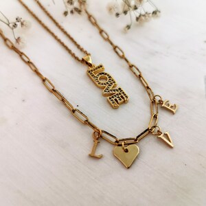 Colar de amor para mulheres, pingente de colar de ouro preenchido, colar de palavra de amor, colar de carta de amor de ouro, joias de amor para mulheres