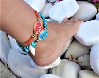 Kauri Muschel Fußkettchen: Boho Perlen Fußkettchen mit Türkis