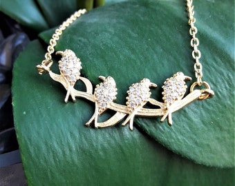 Birds on a Branch Necklace, Family Mother Gold Necklace, Dainty Bird Charm Necklace