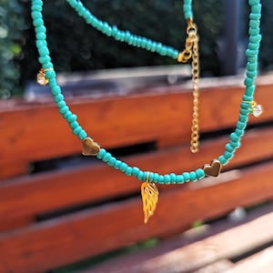Colliers à breloques en perles pour femme, collier d&#39;été en perles bleues, bijoux de tous les jours, collier coeurs d&#39;amour, bijoux de plage, cadeau pour elle