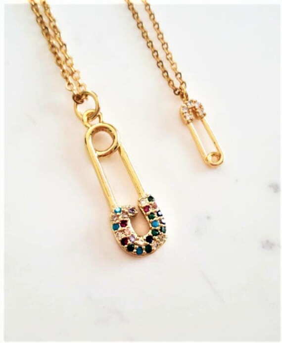 Safety Pin Gold Chain Necklace, Dainty Layered Necklace
