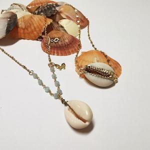 Colar de concha Cowrie para mulheres, colar com pingente de concha branca, colar de concha dourada, joias inspiradas no oceano, colar de concha de verão