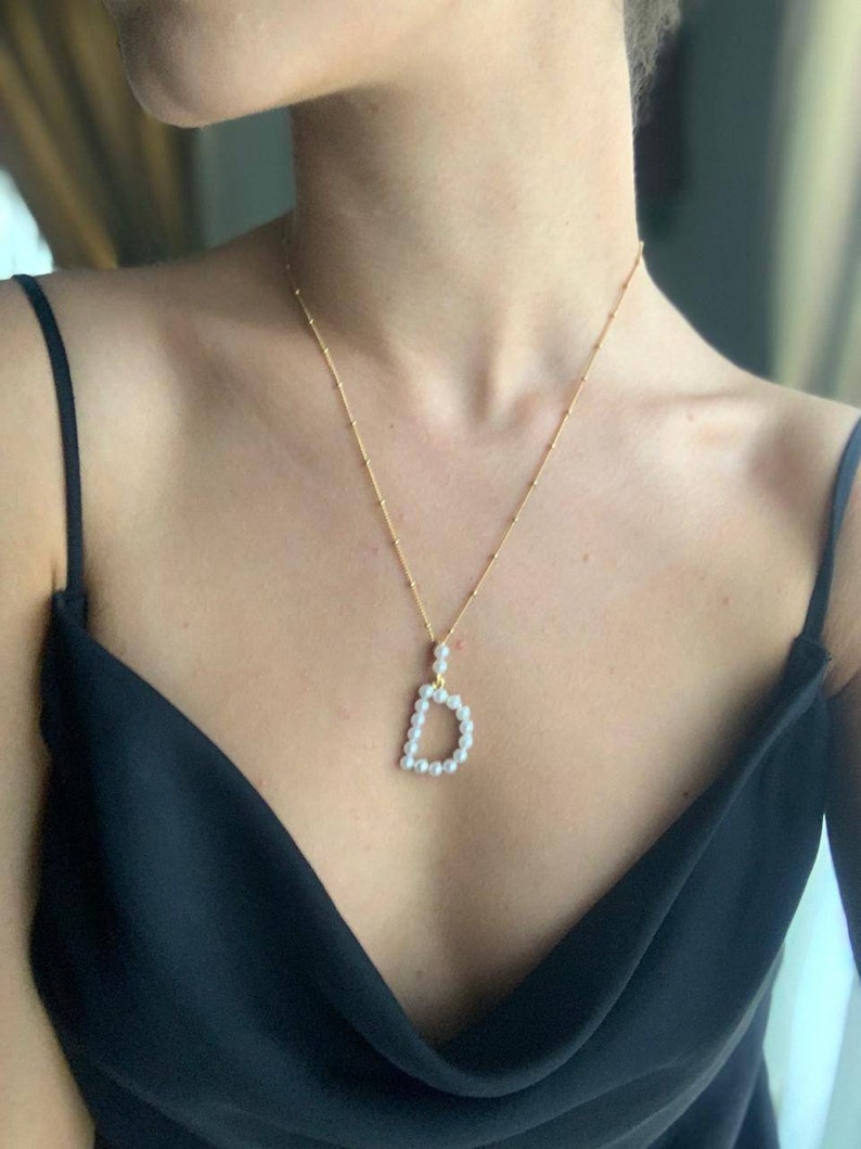 Pearl Initial Layering Necklace Large Initial Gold Necklace Etsy