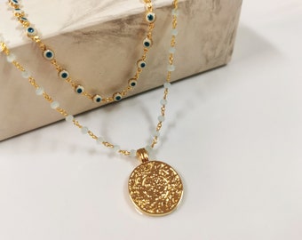 Gold Coin Necklace for women, Statement Evil Eye Necklace, Layered Choker Necklace Gif for women