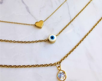 Small Gold Heart Necklace, Evil Eye Protection Necklace,  Diamond Layering Necklace, Dainty Crystal Necklace, Minimalist Layered Necklace