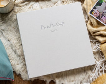 Linen Wedding Photo Album Personalised with a Delicate Font