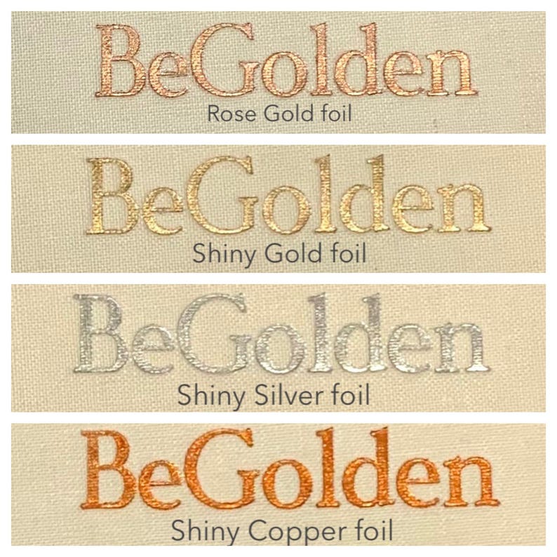 A cream grid has been sliced horizontally into four parts. Each part has the words BeGolden printed on it in a different colour - rose gold, gold, silver and copper.