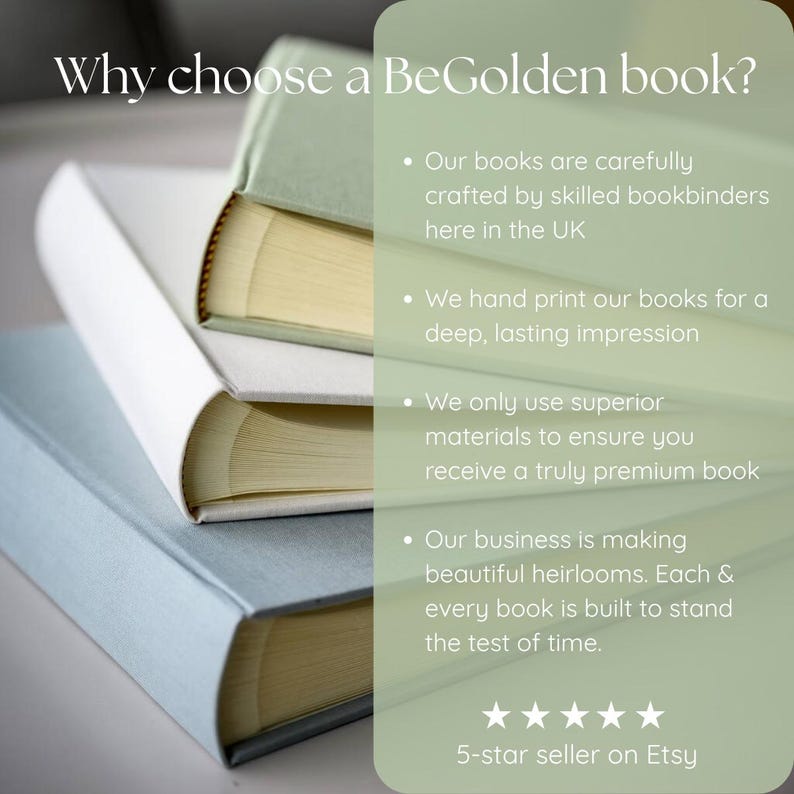 May include: A stack of three hardback books in shades of blue, white, and green. The text on the image reads "Why choose a BeGolden book?" and lists features such as hand printing and superior materials. The image also includes "5-star seller on Etsy."