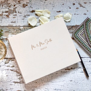 Linen Wedding Guest Book Personalised with a Delicate Font