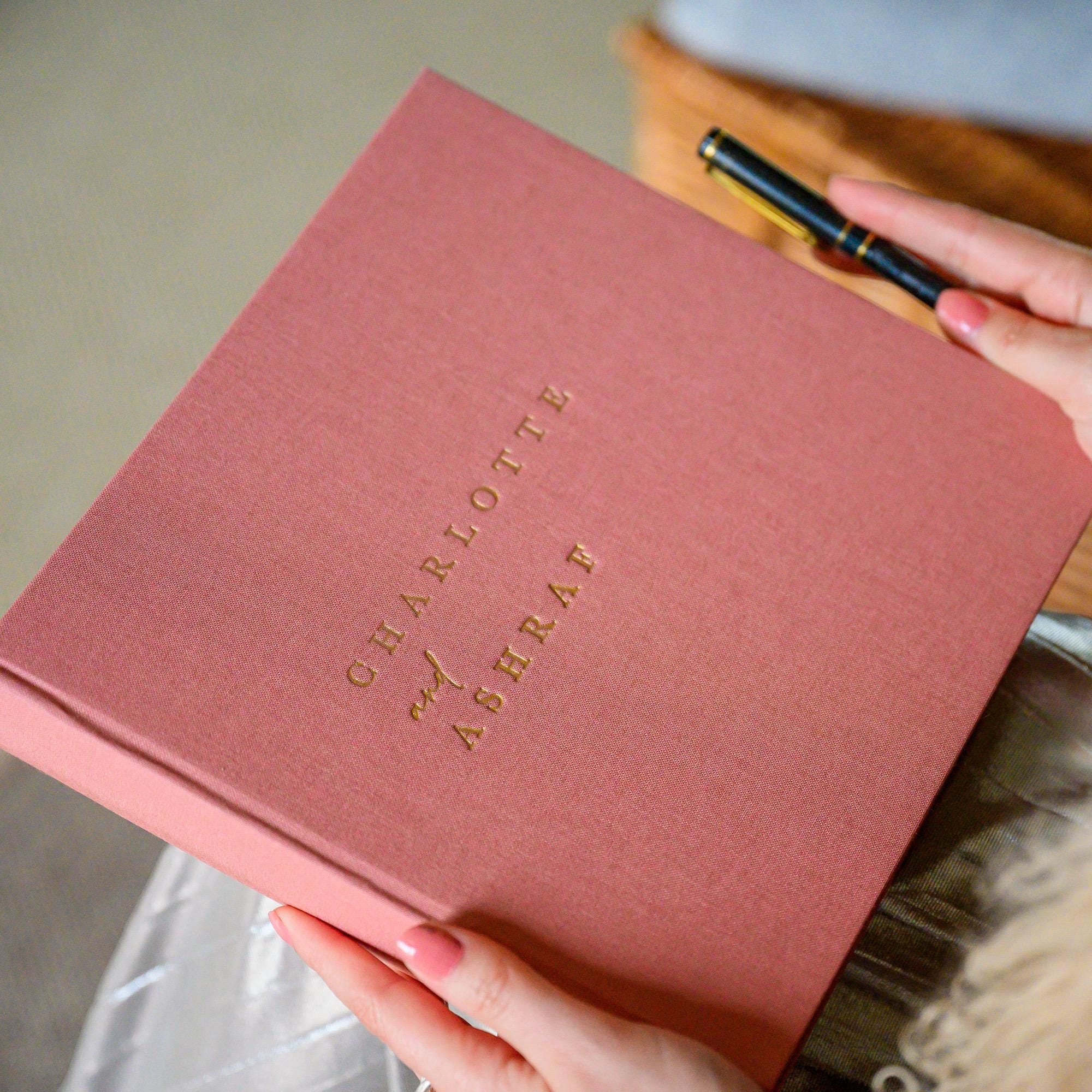 Large Square Linen Guest Book Personalised with Two Names in a Modern Font