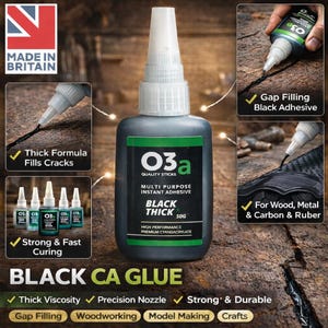 May include: A black bottle of O3a Quality Sticks multi-purpose instant adhesive, labelled "Black Thick" and "50g." The image highlights features like thick viscosity, precision nozzle, and strong, durable bonding. Made in Britain.