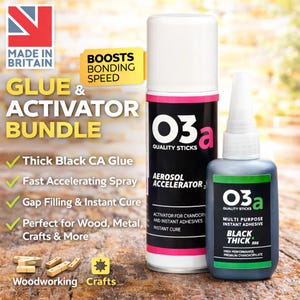 May include: A glue and activator bundle, made in Britain, featuring "O3a Quality Sticks" products. The set includes a black CA glue and an aerosol accelerator. The labels read "Black Thick 50g". The image also includes the text "Woodworking Crafts".