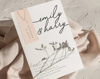 Minimalist Wedding Invite, Emily, Foiled Printed Day Stationery, Rose Gold, Minimalist Wedding Invitation