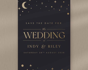 Moon and Stars Save The Date Card, Wedding Invitation, Indy Collection, Envelope Included, Celestial Theme