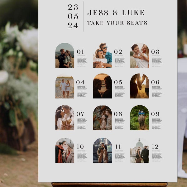 Arched Photo Wedding Seating Chart Ideas - Customizable Table Names - Jess Photo Design