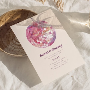 Pack d'invitations de mariage disco scout | Boule disco scintillante rose | Invitation, informations, RSVP | Modèle modifiable | Téléchargement numérique