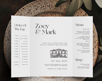 Invitation with Illustrated Venue, Wedding Invitation, Printed Wedding Invite, Personalised Wedding Invite, Personalised Venue Drawing, Zoey