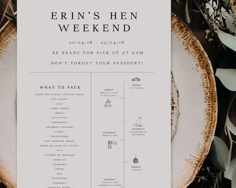 Ultimate Hen Weekend Packing List & Timeline Invitation - Bride Invite and Hen Do Essentials