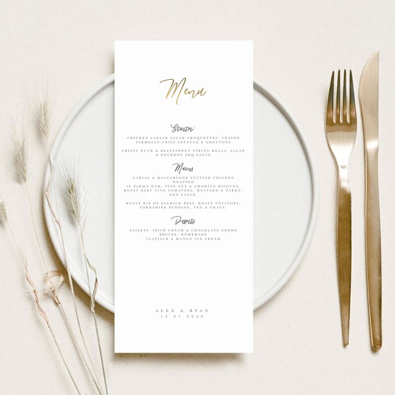 Alex Wedding Menu Individual Menu Menu Place Setting Table Etsy UK