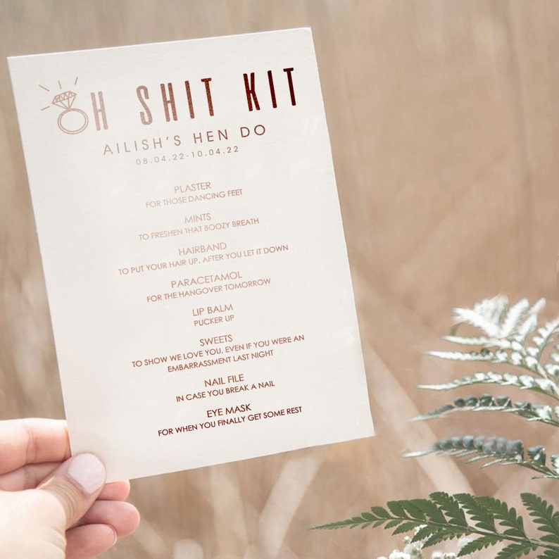 Oh Sht Kit Hen Do Itinerary, Hen Do Invitation, Hen Survival Kit, Wedding Invitation, Foiled Stationery image 1