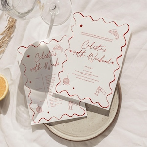 Red Wavy Birthday Invitation & Itinerary 'Celeste' | Editable Modern Party Set | Any Age Celebration Digital Download