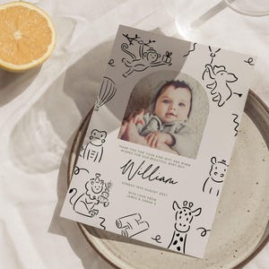 Tarjeta de nacimiento de William Wild One Doodle Safari Animal / Anuncio de nacimiento / Nota de agradecimiento / Descarga digital