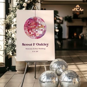 Letrero de bienvenida para boda con bola de discoteca / Fiesta con purpurina personalizada / SCOUT