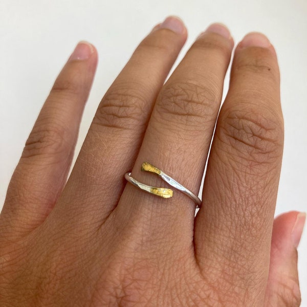 Handmade silver gold cuff ring, textured hammered cuff ring, dainty single stacking ring, mixed metal gold plated ring, skinny tiny unisex