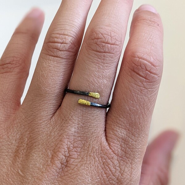 Handmade oxidized silver and 24 ct gold tipped cuff ring, black gold mixed metal ring, textured hammered ring, dainty single thin band ring