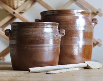 Vintage large glazed sandstone pot, earthenware confit pot, stoneware, medium and large, ceramic pots, farmhouse, Grès de Bonny - France 50s