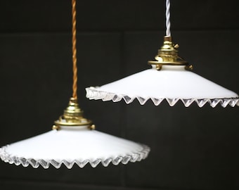 Vintage white porcelain light shades, suspension lamp, antique opaline ceiling light with brass socket, glass pendant light - France 40s