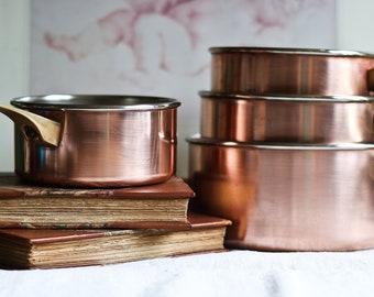 Set of 4 vintage heavy copper pans, brass handles, antique saucepan, cooking pot, casserole, copper cookware, French farmhouse - France 60s