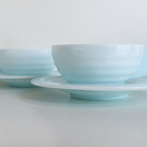 ARCOPAL, set of 6 opale coffee cups and saucers, tea cup set, Art Deco design, opalescent, opale, pastel blue color - France 50s
