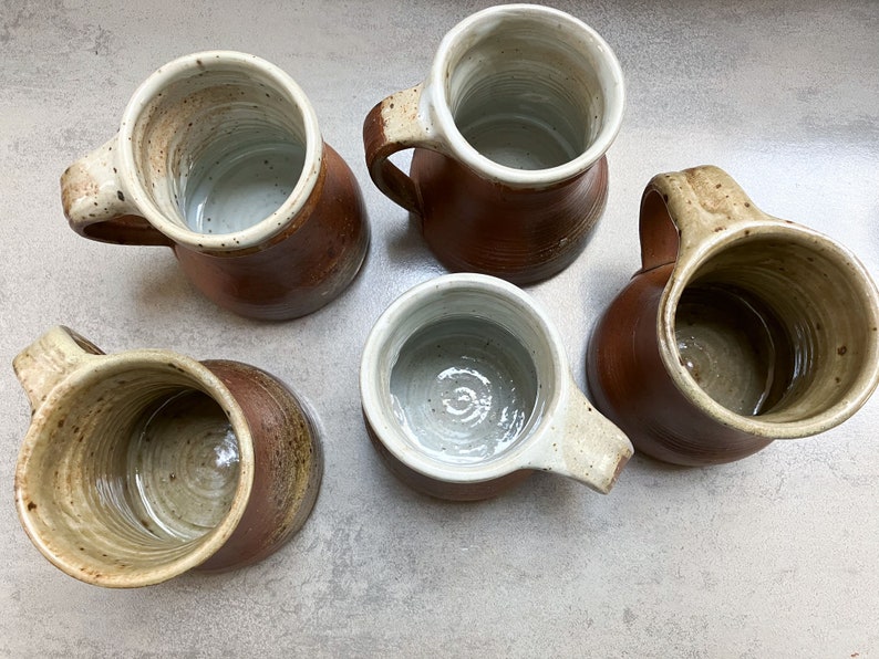 Set of 5 vintage glazed stoneware tumblers, mugs, water, lemonade, cider goblets, medieval sandstone cups, pottery cups France 40s image 8