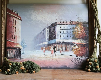 Original oil painting on canvas, Paris streets scenery, french boulevards, impressionism art, wall artwork, vintage city drawing, France 70s