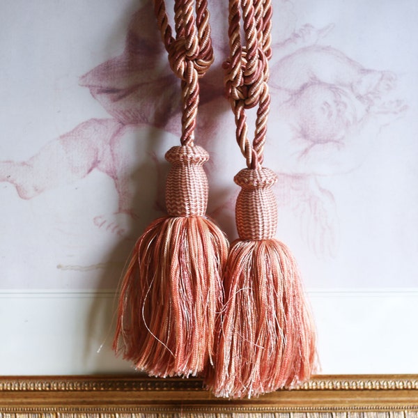 Vintage curtain tiebacks, pair of pink and salmon hold backs, French passementerie, tassels with pompoms. Set of 2  France 40s