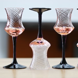 Stunning set of 6 vintage pink stem glasses, hand blown, champagne, wine, cocktail, cherry, purple stem, pink swirl glass, France 50s