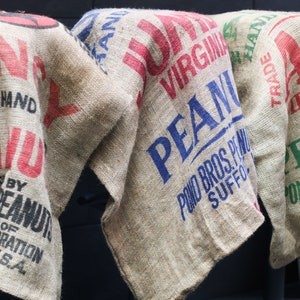 Antique grain sacks, burlap bag sack, Pond Bros, jute bag, green and natural, kitchen decoration, Peanut Co. Suffolk, Virginia - USA 1940s